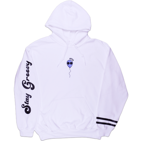 Stay Groovy Balloon Embroidered Premium White Hoodie